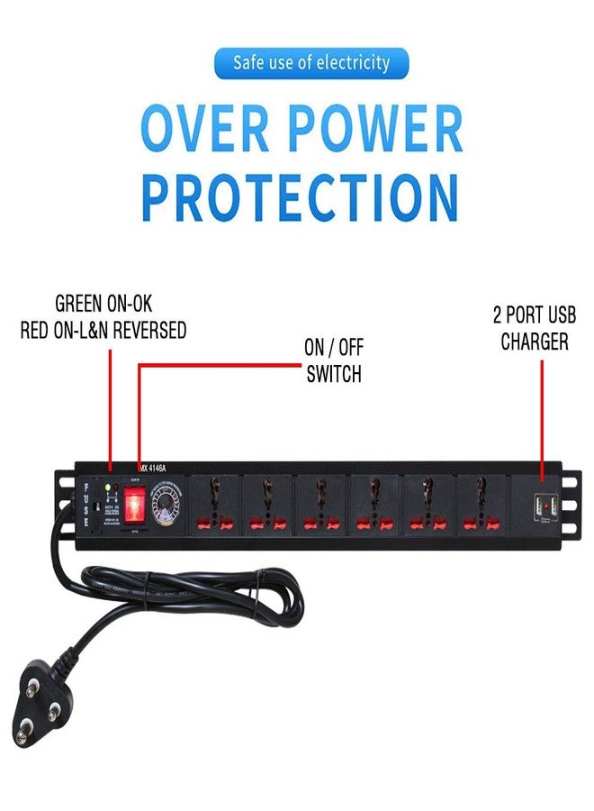 ام كي موزع طاقة MX مزود بحماية من زيادة التيار الكهربائي، بستة منافذ، مقبس عالمي مع منفذي USB (2.1 أمبير)، ومفتاح أمان للأطفال، ومؤشر LED، وكابل بطول 1.5 متر، وقوة 16 أمبير. - Image 5